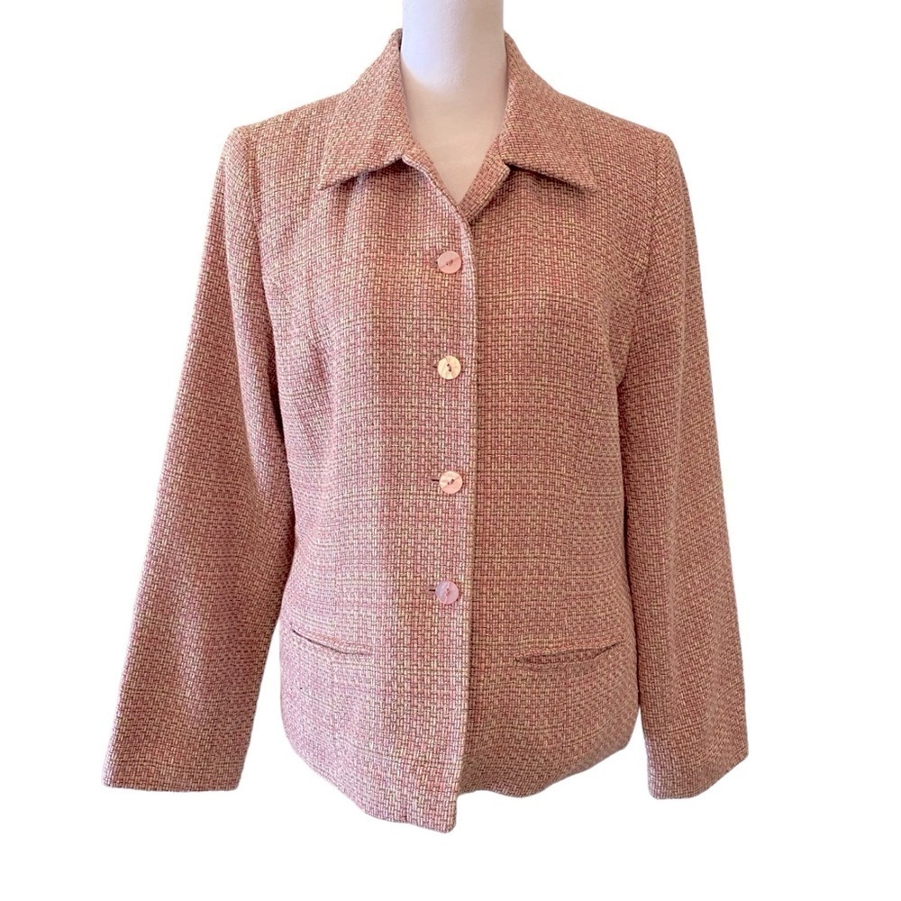 Sag Harbor women's  8P Petite pink tweed multi color lined blazer Jacket Vintage
